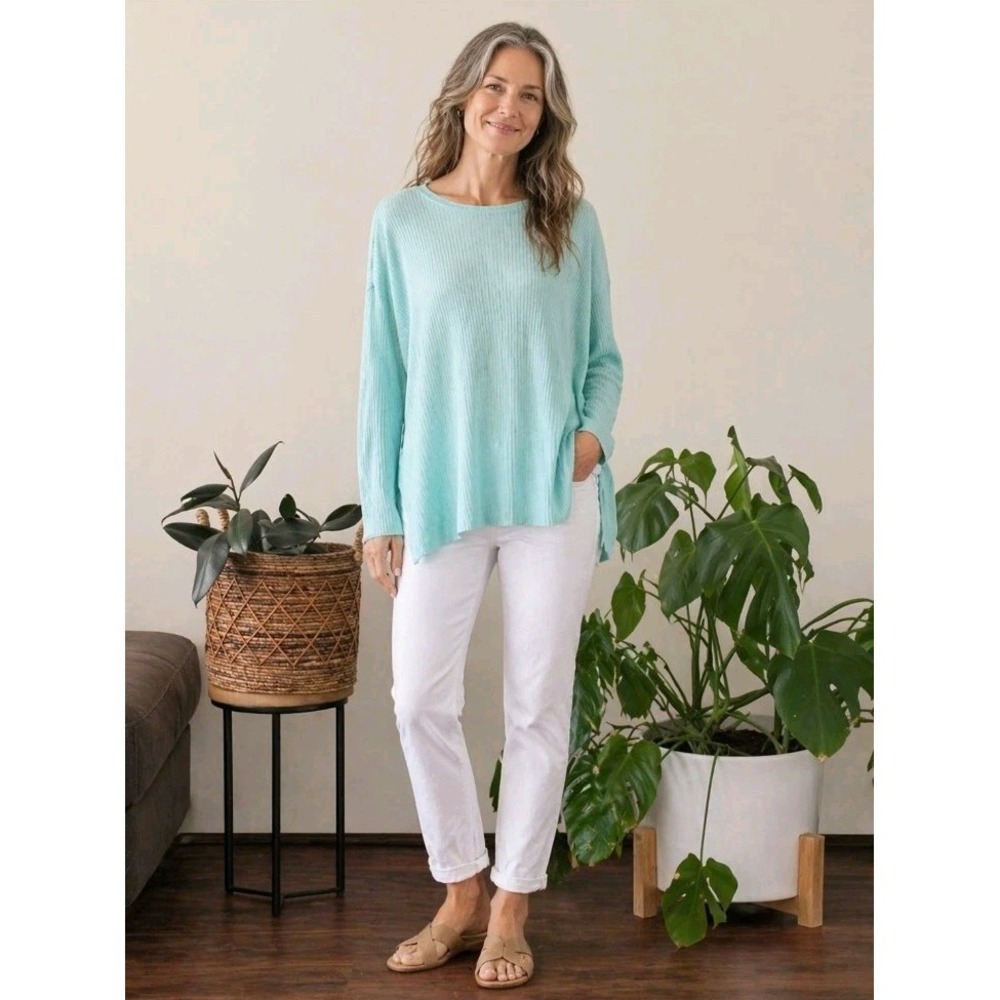 Eileen Fisher ORGANIC ITALIAN LINEN Ribbed Tunic Top Resort Coastal Nautical